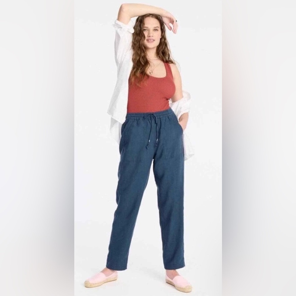 J.Crew Seaside Linen Blend Pants 2X Blue Pull-On Drawstring Wide Leg Blue